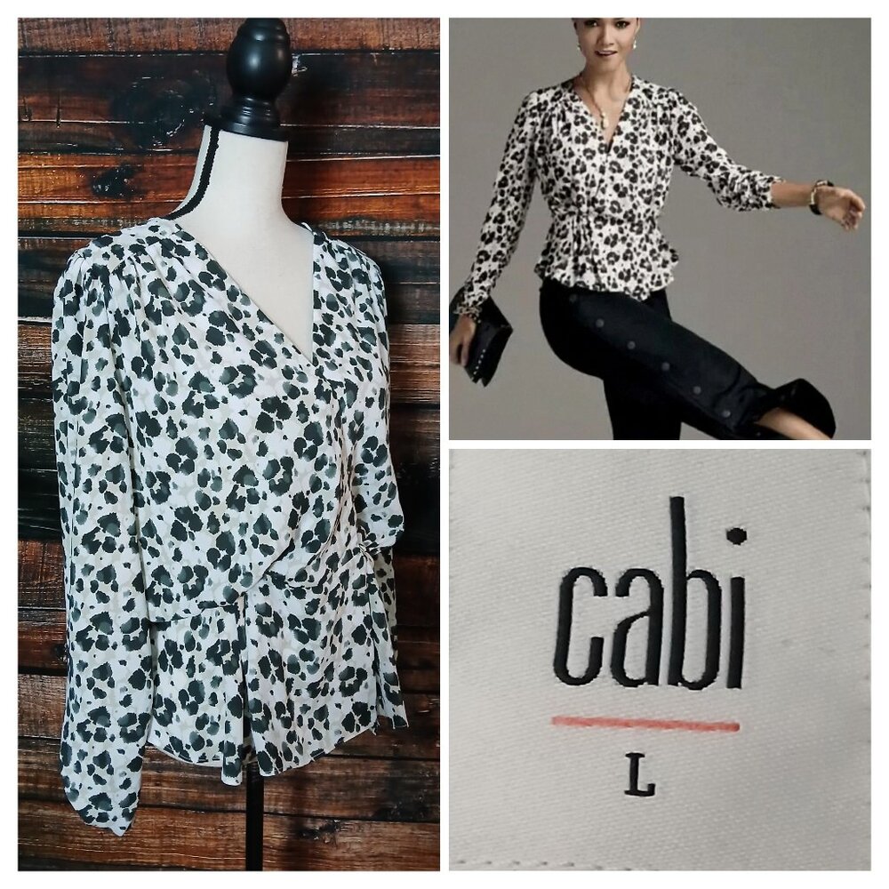 Cabi Wrap Top L Rosette Plunge Neck Peplum Ruched Sleeve